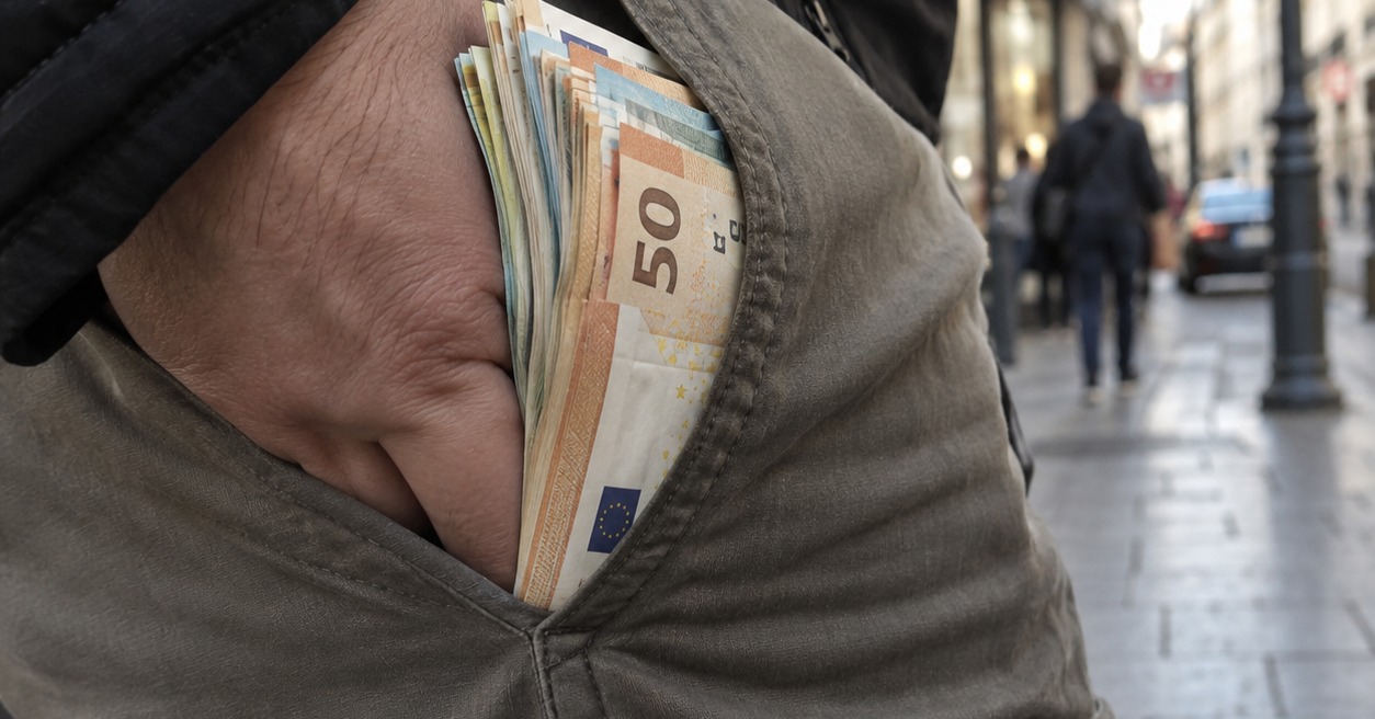 Imagen panorámica de un bolsillo con billetes en euros